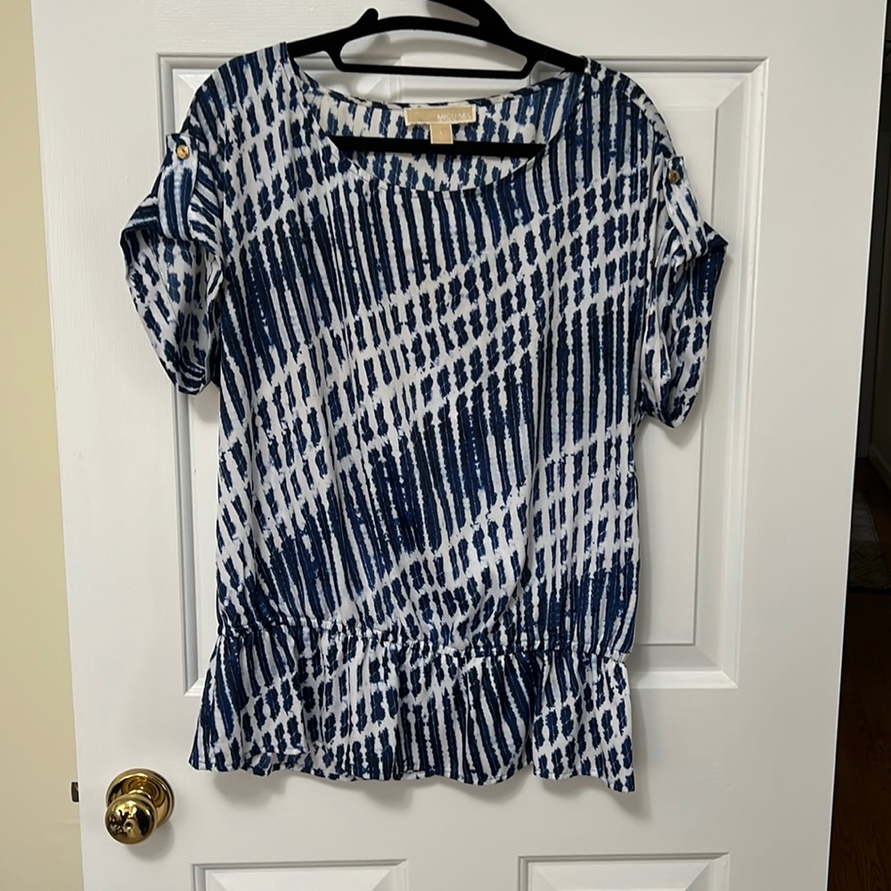 Michael Kors blue and white short sleeve top with gold details